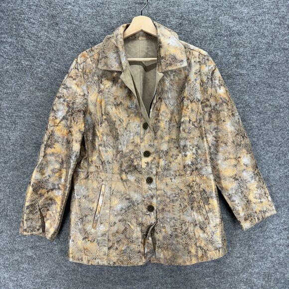 Chico's Jacket Women 2 Gray Animal Print Button Up Leather Long Sleeve Pockets - Picture 1 of 6